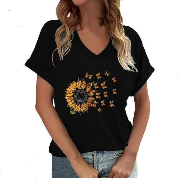 Puliio Women's T-Shirts Sunflower Butterfly V-Neck Short Sleeve T Shirt Summer Fashion Blouses Casual Loose Fit Tees Tops