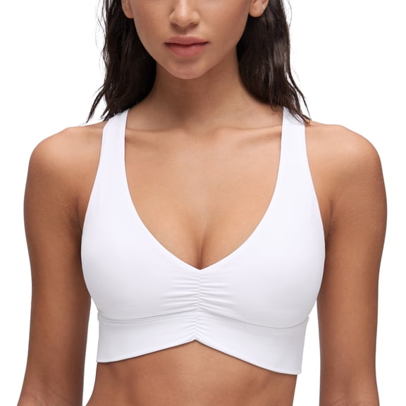 CRZ YOGA Butterluxe Ruched Longline Sports Bras for Women V Neck Padded Yoga Tank Cross Back