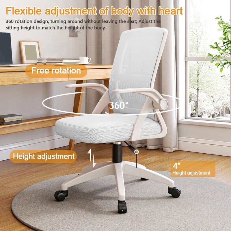 WXJHL Home Office Chair Ergonomic Desk Chair Breathable Mesh Chair High Back Desk Chair with Adjustable Height,Swivel Chair with Flip-Up Arms and Lumbar Support (White)