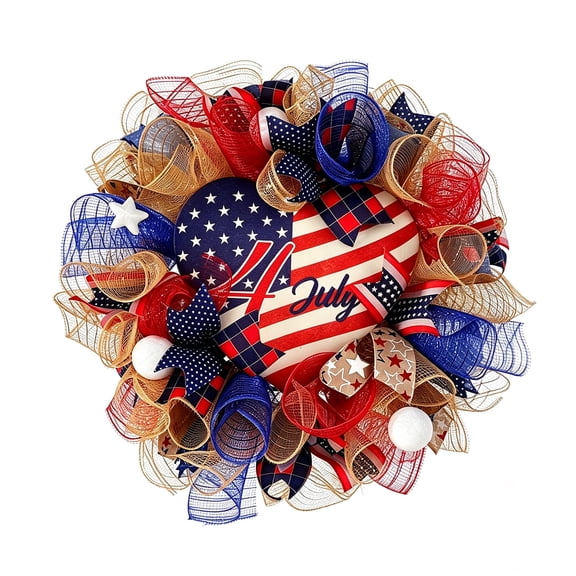 Patriotic Day Memorial Day American Flag Color Burlap Mesh Wreath for Front Door Independence Day 4th of July Wreath for Indoor and Outdoor Red White Blue Ribbon Mesh Wreath (16inch)