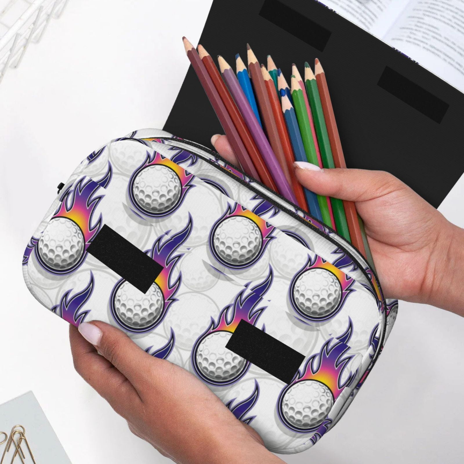 Rateoe Golf balls Pattern Double Clamshell Pen Case, Storage Organizer with Two Zipper Compartments– Holds Up to 50 Pencils & Pens