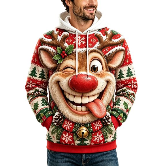 JIAYUE Men Christmas Hoodie Long Sleeve Pullover Drawstring Hooded Sweatshirt Front Pocket 3D Cute Reindeer Print for Loose Wear