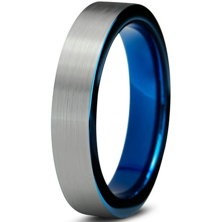 4mm Comfort Fit Wedding Band Mens Tungsten Wedding Band Ring 4mm for Men Women Comfort Fit Blue Pipe Cut Brushed Lifetime Guarantee ()