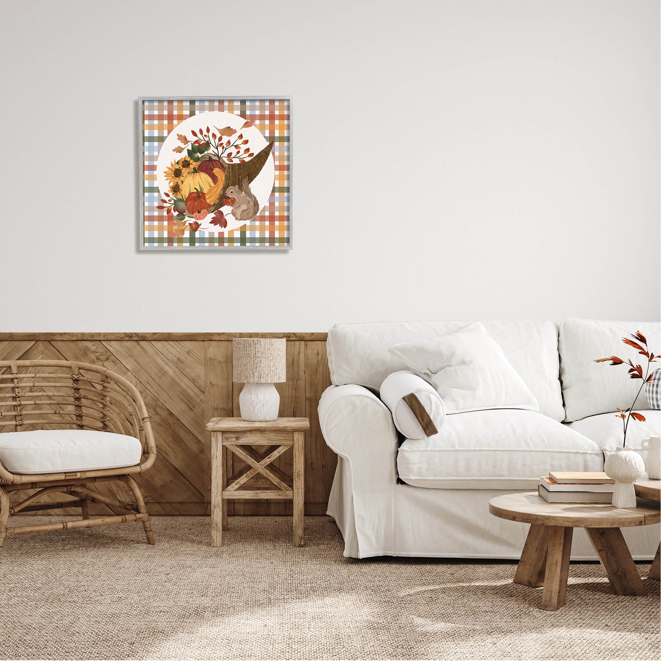 Abundant Harvest Tartan Cornucopia Holiday Graphic Art Gray Framed Art Print Wall Art
