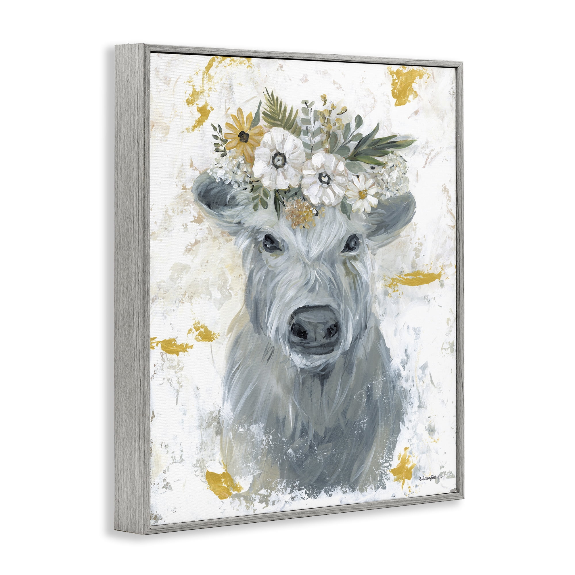 Stupell Industries Grey Cattle with Flowers Animals & Insects Painting Gray Framed Art Print Wall Art, 24 x 30