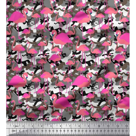 Soimoi polyester Crepe Fabric Camouflage Texture & Flamingo Bird Printed Fabric 1 Yard 52 Inch Wide