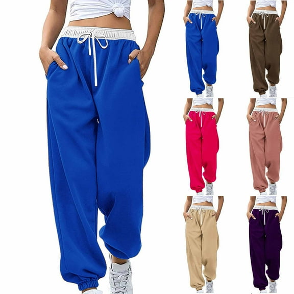 HAPIMO Loose Joggers Pants for Women Fashion Color Block Patchwork Pants Full Length Pants Casual Cotton Lined Sweatpants Drawstring High Waist Trousers Workout Blue L