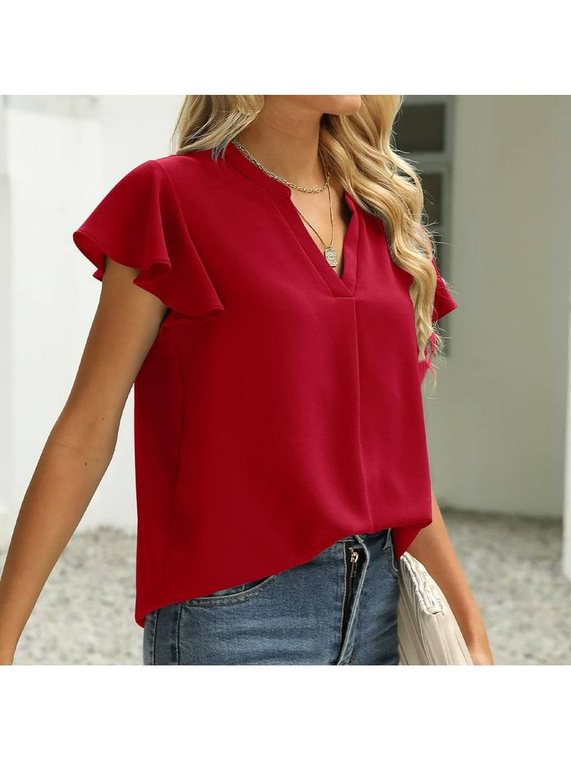 RQYYD Reduced Womens Business Casual Tops Summer V Neck T Shirt Short Sleeve Tunic Blouses Casual Solid Fit Basic Tshirts(Red,XL) - Walmart.com