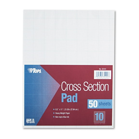Tops Quadrille Cross Section Pads 10 sq/in 1 sq/in 50 White 8.5 x 11 Sheets 35101