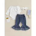 thumbnail image 3 of Bagilaanoe 3pcs Newborn Baby Girl Pants Set Long Sleeve Romper Tops + Jeans Denim Flared Trousers + Headband 6M 9M 12M 18M 24M Infant Casual Clothes, 3 of 9