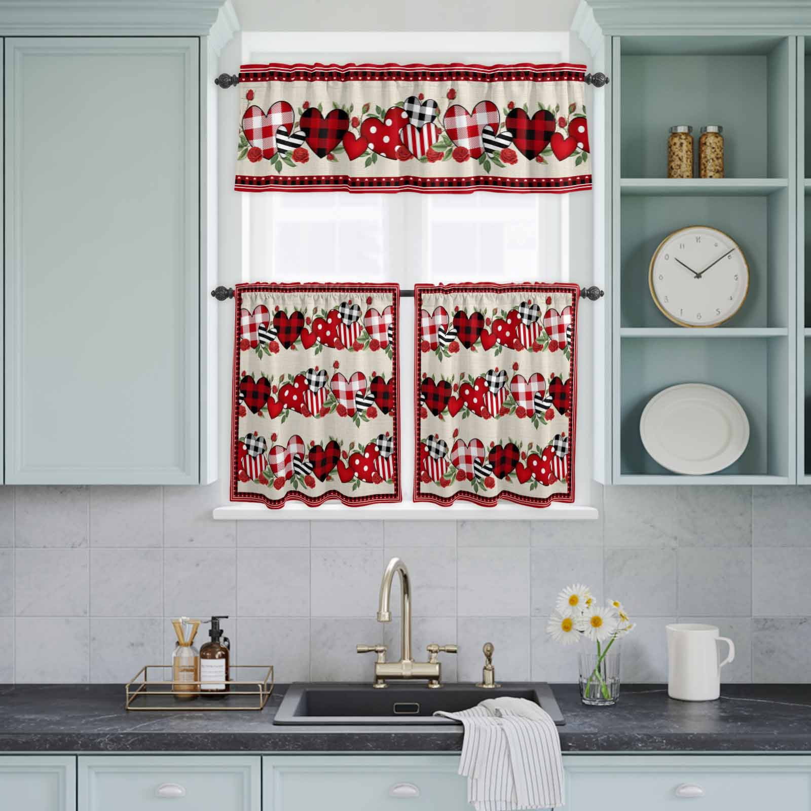 Kitchen Window Curtains Valance and Tier Set, Valentine's Day Love Rose Flower Rod Pocket Tier Curtains and Valance 3 Piece Set, Red Plaid Retro Linen Window Treatment for Bedroom Living Room
