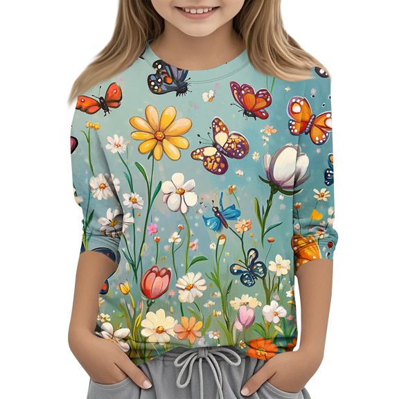 Abcomgle Kids 3/4 Sleeve Shirt Girls 10-12 Trendy Butterfly Daisy Floral Crewneck Tshirts for Girls Summer Basic Girls Tops Loose Girls Tunic Tops,Mint Green,3-4Years