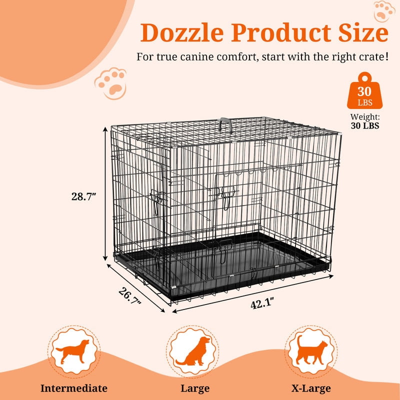 Dozzle 42-Inch Secure & Portable Dog Crate: Foldable Metal Wire Kennel with Enhanced Lock, Dual-Door Design for Medium & Large Dogs, Black