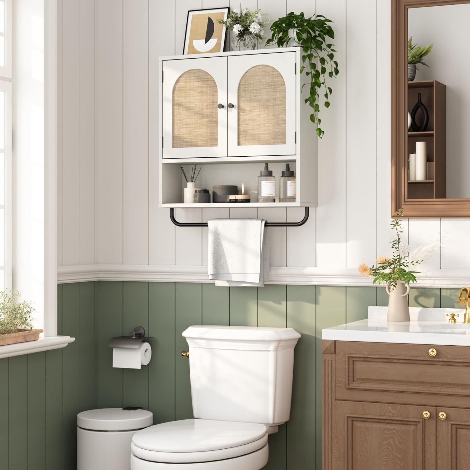 Rattan Bathroom Wall Cabinet,  Medicine Cabinet with 2 Arched Doors, Farmhouse Over The Toilet Storage Cabinets with Adjustable Shelves & Towel Bar, 3-Tier Wall Mounted Cabinets