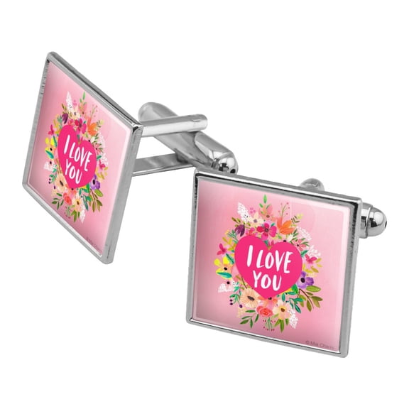I Love You Flower Heart Wreath Square Cufflink Set - Silver or Gold