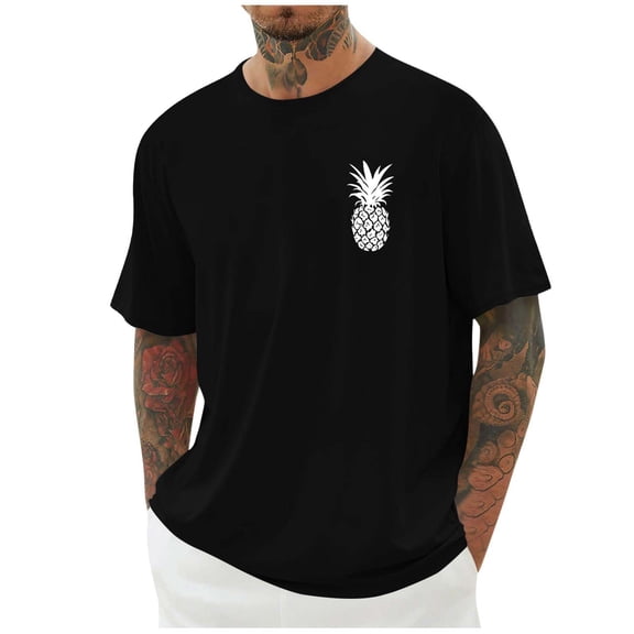 Fewfanhot Men's Pineapple Print Casual T-Shirt, Small Logo Short Sleeve Tee, Breathable Summer Beach Top, M-4XL