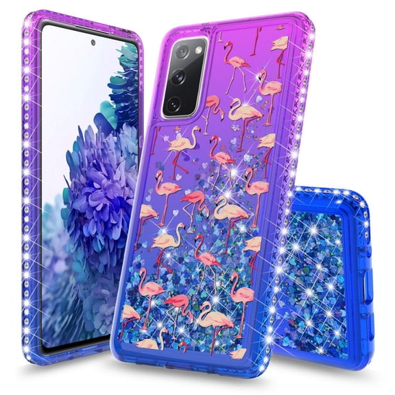 Bemz Liquid Quicksand Case for Samsung Galaxy S20 FE (with Touch Tool) - Pink Flamingos (Purple/Blue)