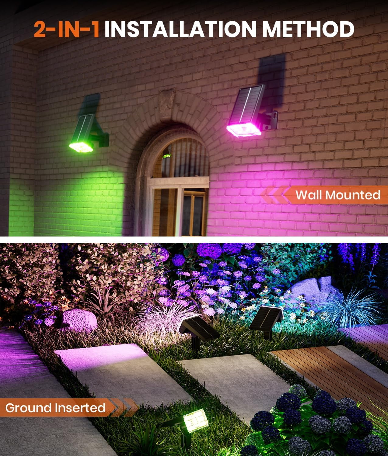 NestE Solar Spot Lights Outdoor 2-Pack Multicolor IP65 Waterproof RGB - 6 Colors,2 Modes,105° Adjustable 58 LED Flood Lights,Solar Powered Spotlights for Yard,Garden, House&Landscape Lighting Outside
