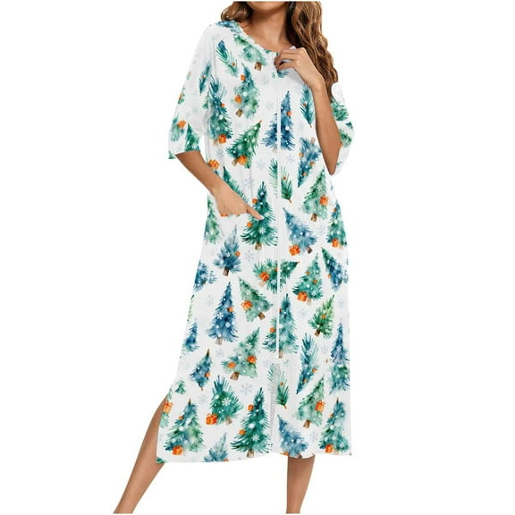 FAWUUDO Robes for Women Zipper Front Bathrobe Short Sleeve House Coat Long Nightgown with Pockets Soft Loungewear