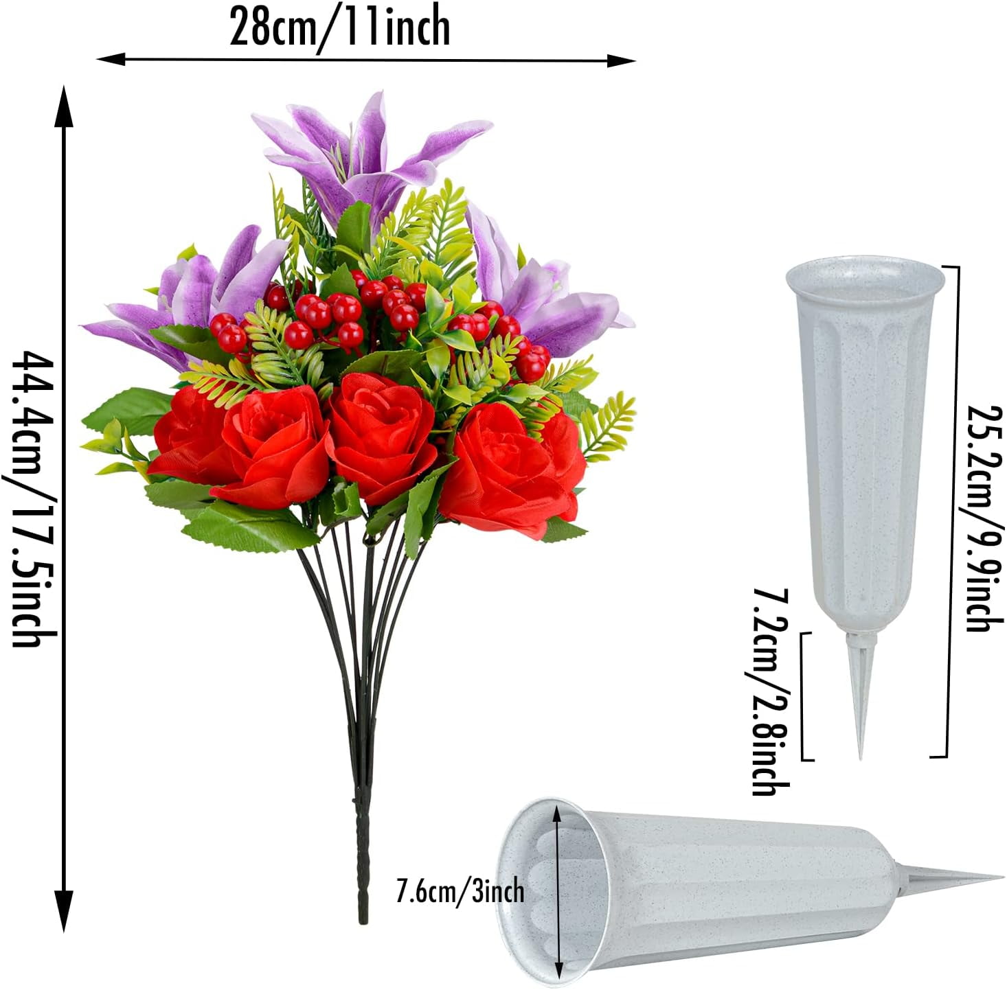 Artificial Cemetery Flowers for Grave, Set of 2 Artificial Memorial Flowers with Vase for Outdoor Cemetery Headstones Graveyard Gravestone Decoration (Red Lily&White Purple Peony)