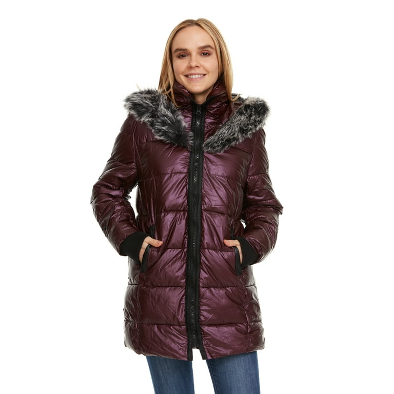 Celsius Women s Metalic Hooded Puffer Jacket Standard and Plus Size Walmart