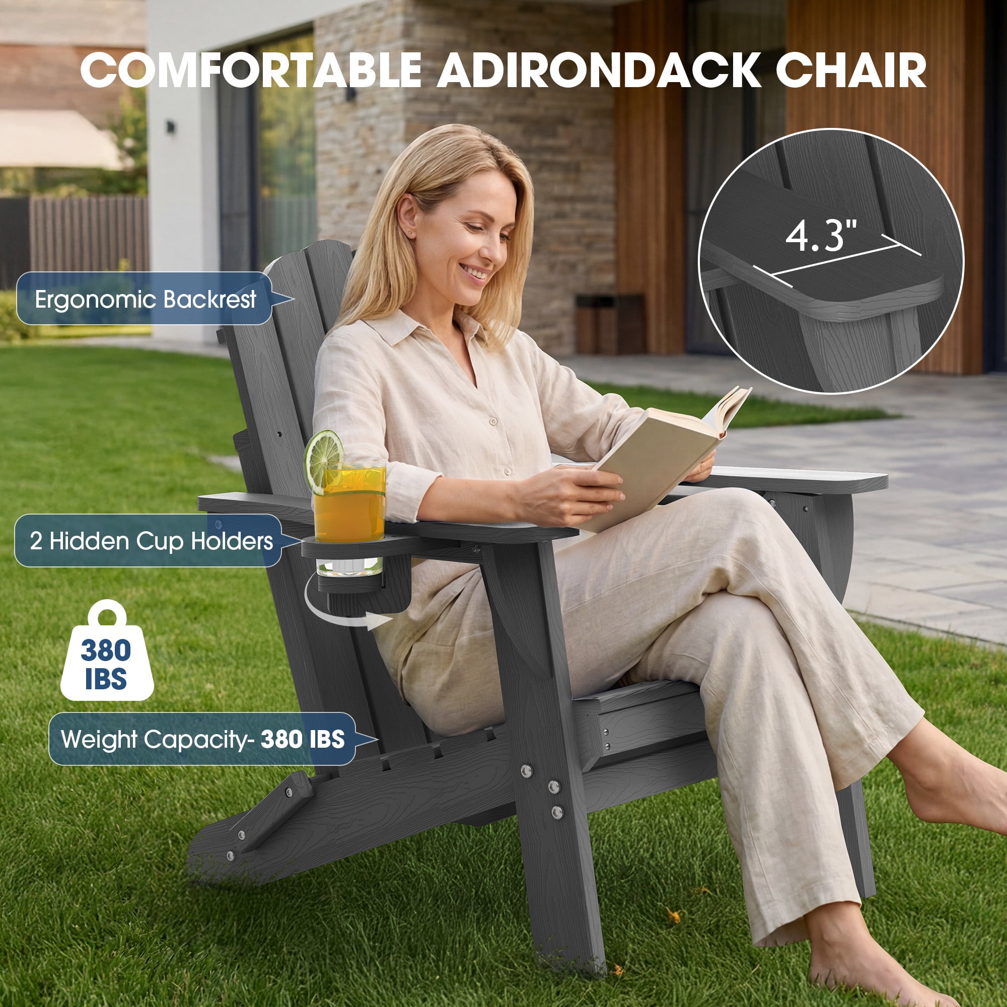 Folding Adirondack Chair, All-Weather HDPE Plastic Patio Fire Pit Chair, Gray