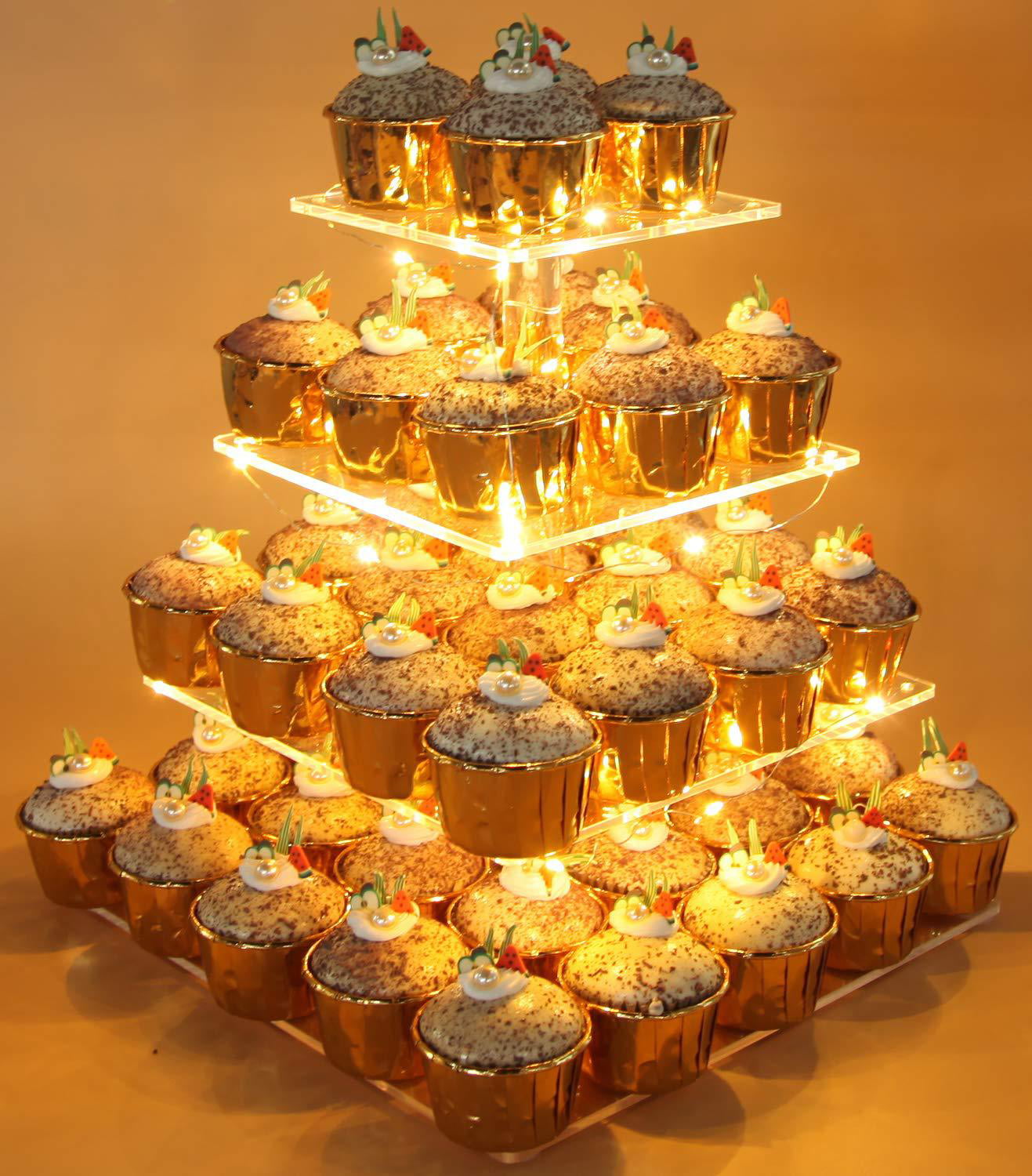 Weddingwish 4 Tier Square Acrylic Cupcake Stand-Cake Stand-Dessert Stand-Cupcake holder-Pastry serving platter-Candy Bar Party Décor Wedding Birthday Holidays，Christmas（Blue Light） 