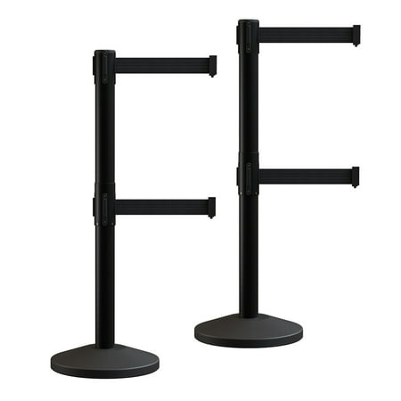 Black Twin Dual Belt Stanchion Retractable Belt Barrier with 11 Ft Black Belt (Set of 2)- MLine 630D