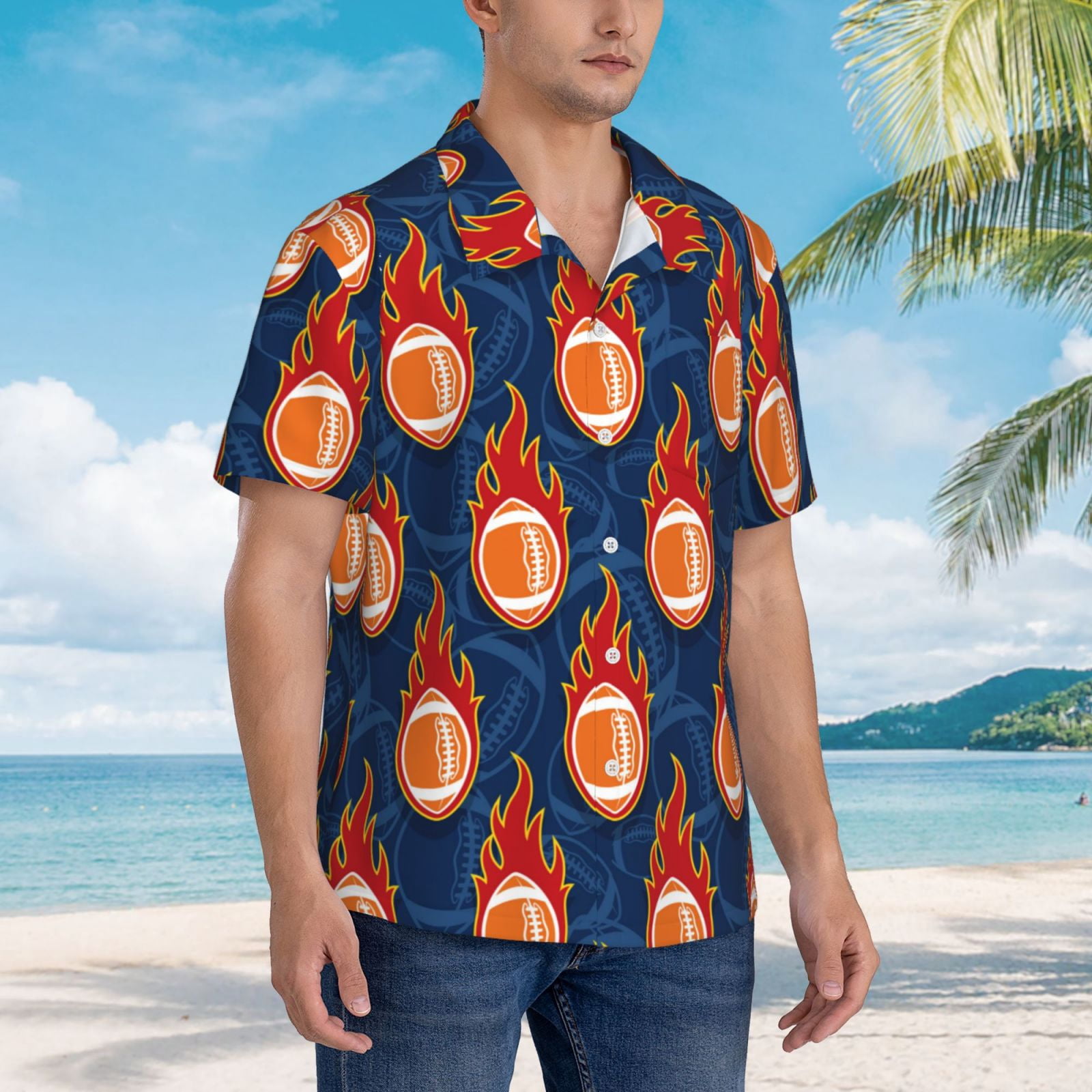 Logiee American Football and Fire Flames Print Mens Hawaiian Shirts,Loose-Fit Short Sleeve Button Down Tropical Aloha Beach Shirt,Summer Vacation Wedding Tops,Small