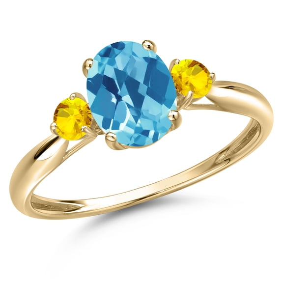 Gem Stone King 10K Yellow Gold Swiss Blue Topaz and Yellow Sapphire 3-Stone Ring for Women | 1.57 Cttw | Oval Checkerboard 8X6MM | Gemstone November Birthstone | Size 7