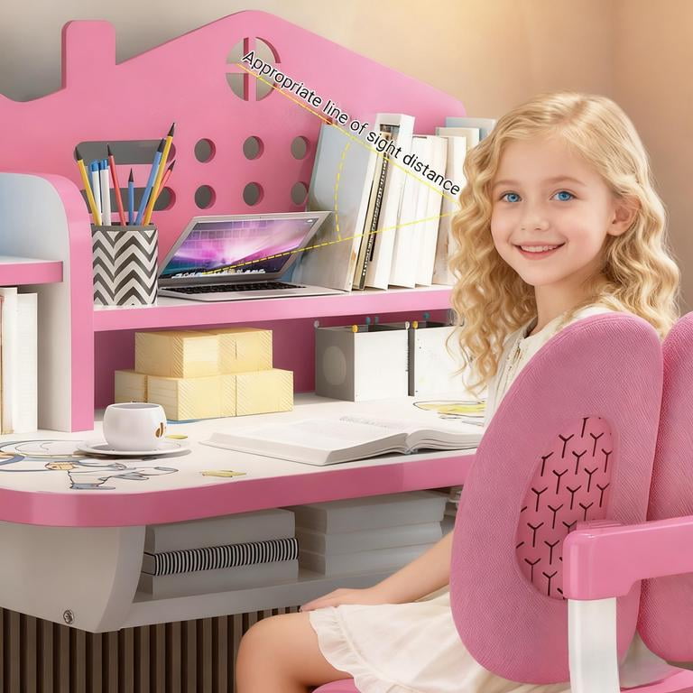 YNCE Kids Table and Chairs Set 5-16,Height Adjustable Children Study Chair Set,Multifunctional Writing Desk Table with Drawer,Bookstand,Ergonomic Learning Drawing Desk for Girl Boy