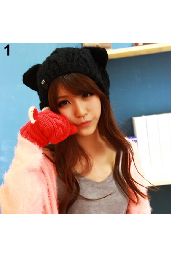 Women's Winter Knit Crochet Braided Cat Ears Beret Beanie Ski Knitted Hat Cap