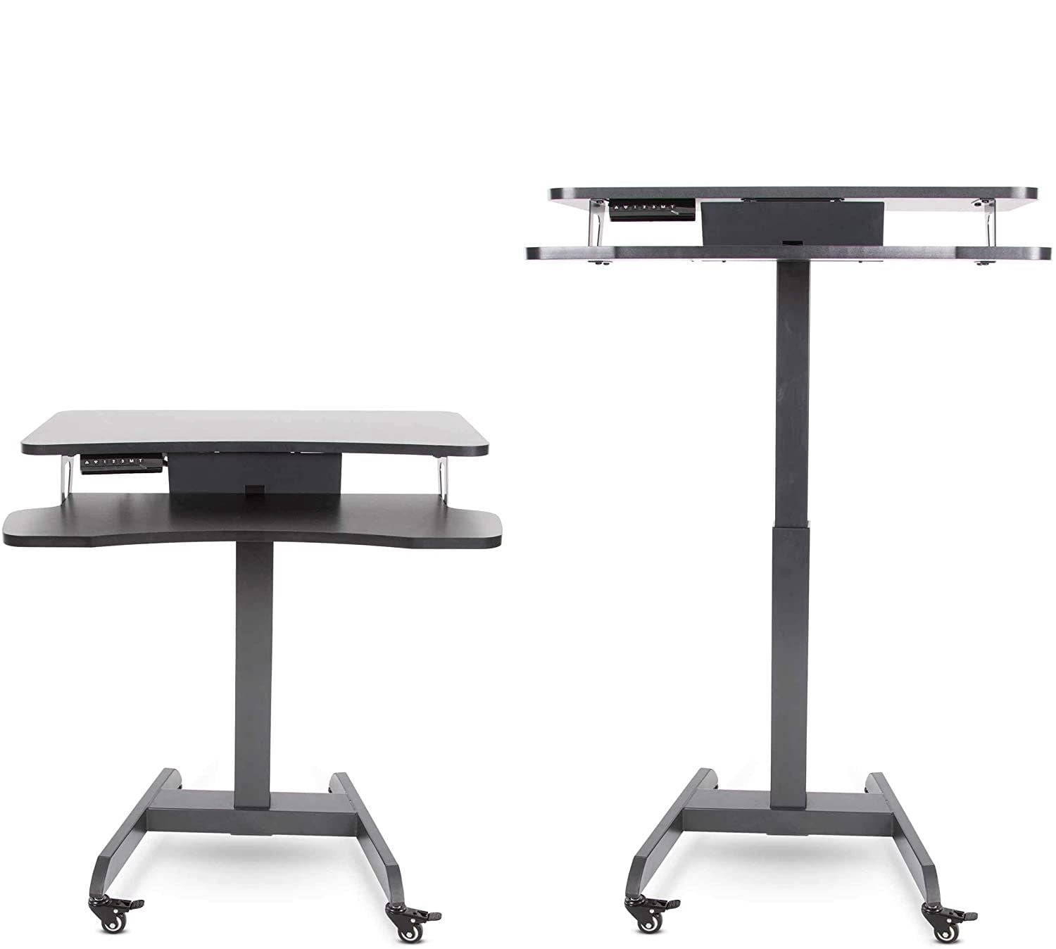 Stand Steady Electric Mobile Podium with Keyboard Tray | Height Adjustable Stand Up Workstation with Locking Wheels | Go from Sitting to Standing with Programmable Control Pad (Black)