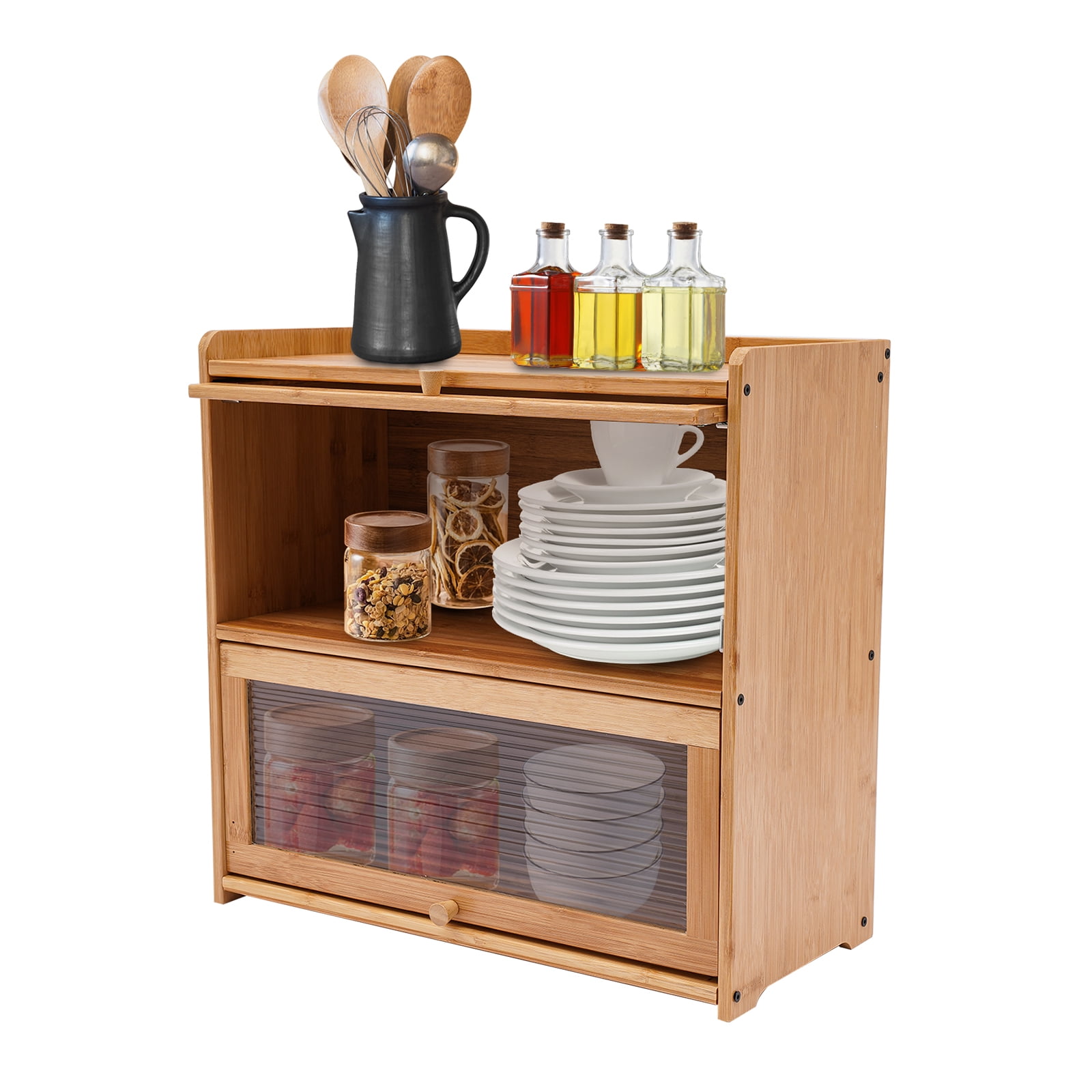 Countertop Storage Cabinet, Multipurpose Organizer Cabinet w/Glass Doors, Bamboo Kitchen Pantry Sideboard, Console Dining Cupboard (Primary Color, Lamps not Included, 20.5" D x 9.8" W x 19.7" H)