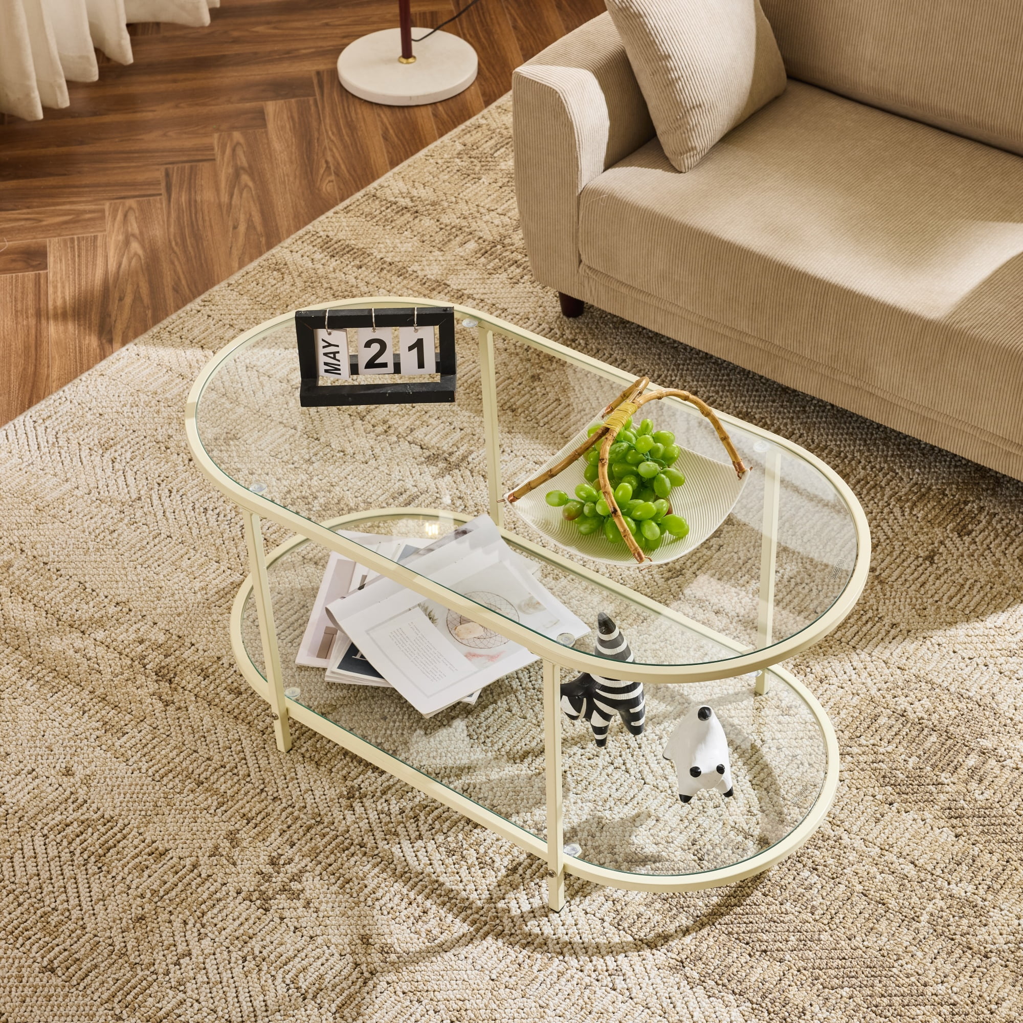 Ktaxon Rustic Coffee Table, Transparent Glass 2-Tier Oval Vintage Minimalist Design Center Table Rust Resistant Narrow Table for Living Room, Beige