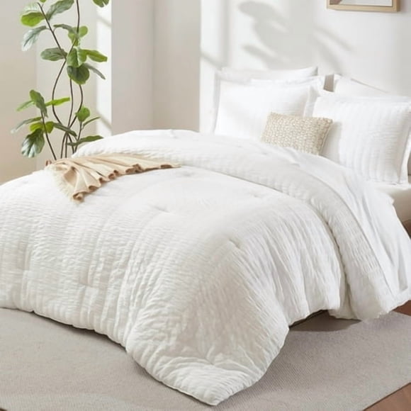 Cozylux Twin Comforter Set With Sheets 5 Pieces, White Seersucker Textured Bed In A Bag For Girls, Luxury Soft Bedding Set With Down Alternative Comforter, Sheets, Pillowcases & Shams For All Seasons