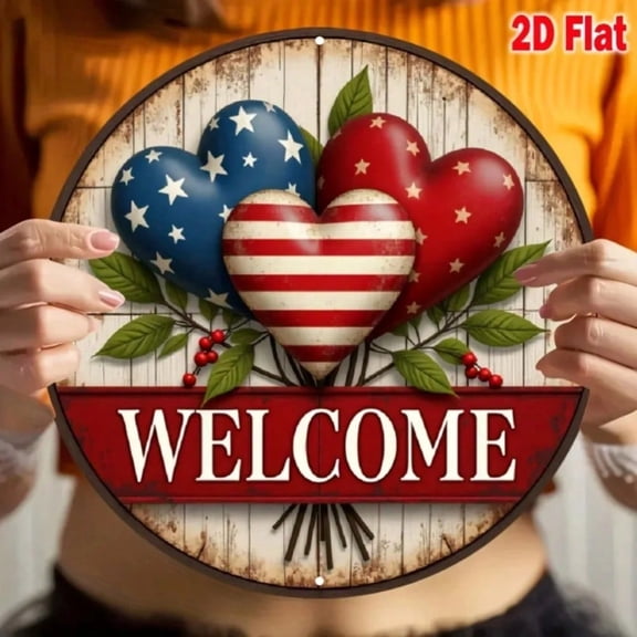 HELLOYOUNG American Flag Welcome Sign Wall Art, Rustic Wooden Front Door Decor for Memorial Day Independence Day, Patriotic Home Outdoor Indoor Hanging