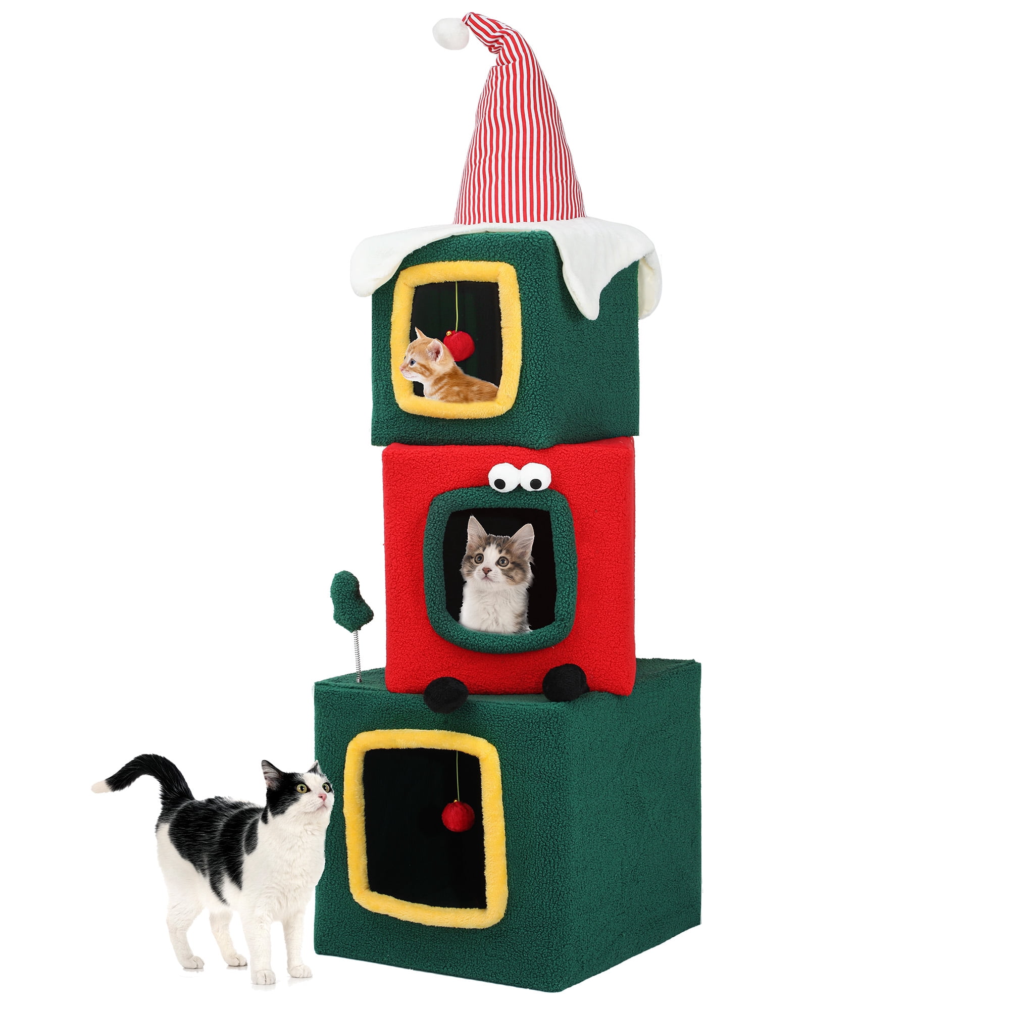Uforic 60" H Large Christmas Cat Tree, Multi-Level Cat Tree,3 Story Playhouse with Hanging Ball,Green
