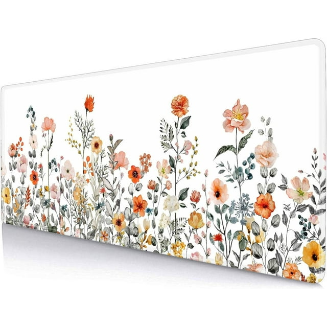 Large Desk Pad, Garden Blooming Flowers Mouse Pad, Colourful Wildflowers Mouse Mat Anti Slip Rubber Mousepad for Desktops, Computer, Keyboard Mouse Mat for Work, Laptop, 31.5 X 11.8 Inch