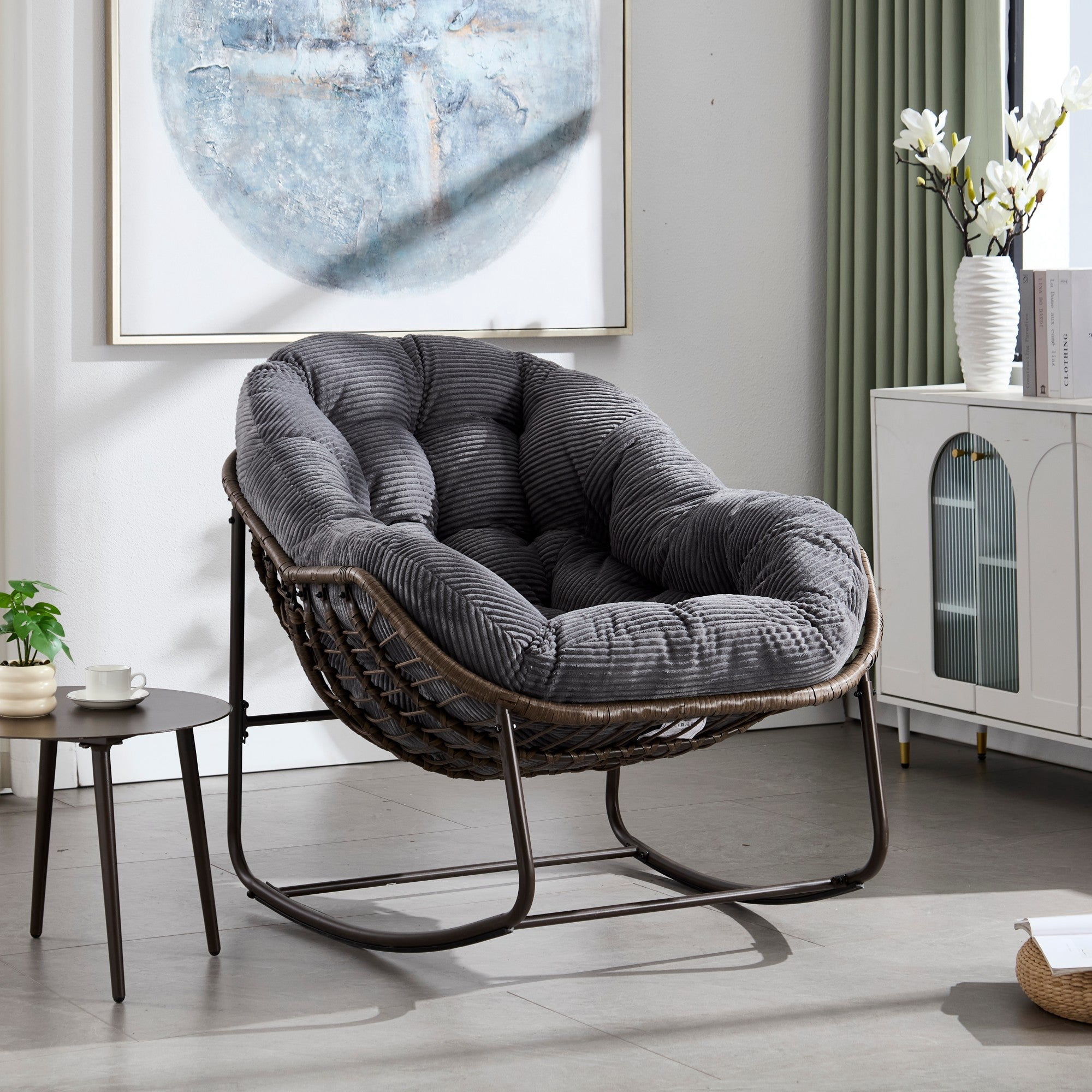 Sailvan Outdoor Rattan Rocking Chair,Oversized Wicker Egg Chair for Patio,Front Porch and Living Room Grey