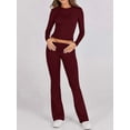 thumbnail image 5 of Women'S 2 Piece Matching Lounge Set Long Sleeve Slightly Crop Top Wide Leg Pants Casual Sweatsuit Wine Red S, 5 of 9