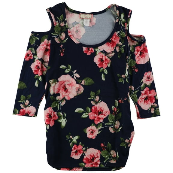 C'est La Vie Womens Floral Cold-Shoulder Knit Blouse, Blue, Medium