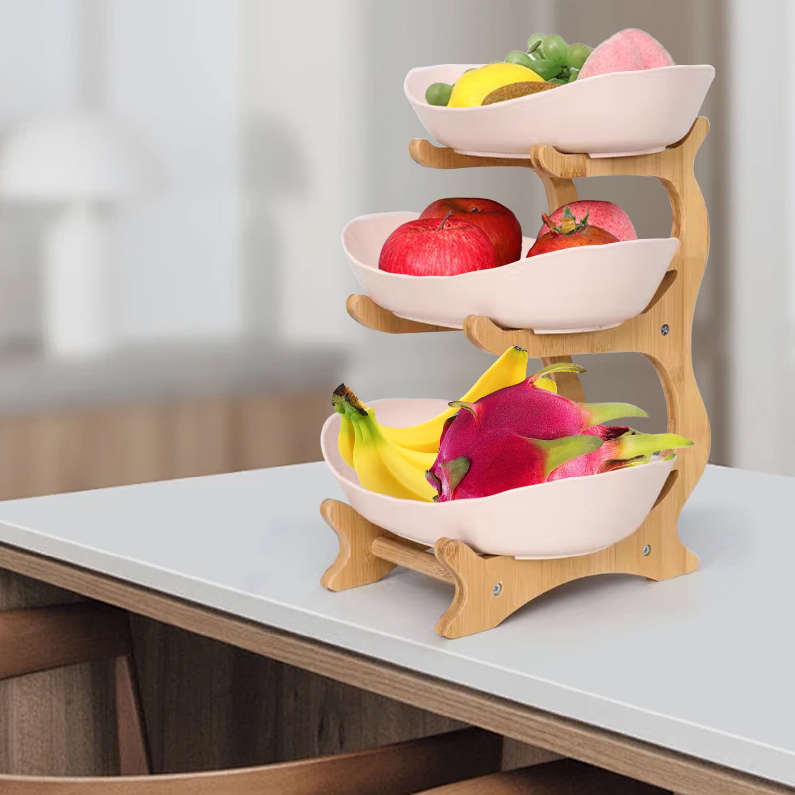 Tiitstoy Fruit Basket for Kitchen Counter, with Wood Holder, 3/2/1 Tiered Large Capacity Fruit Basket Oval Tiered Fruit Bowl Set for Kitchen Counter, Parties, Gatherings, Restaurant, Family Events