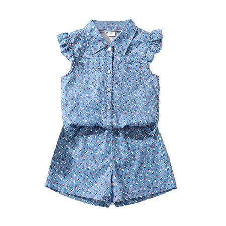 Girls Dresses Summer Large Size Blouse with Flared Collar Denim Like Flowing Skirt Floral Print Printed Blouse Set Blue Dress Size 8-9 Y