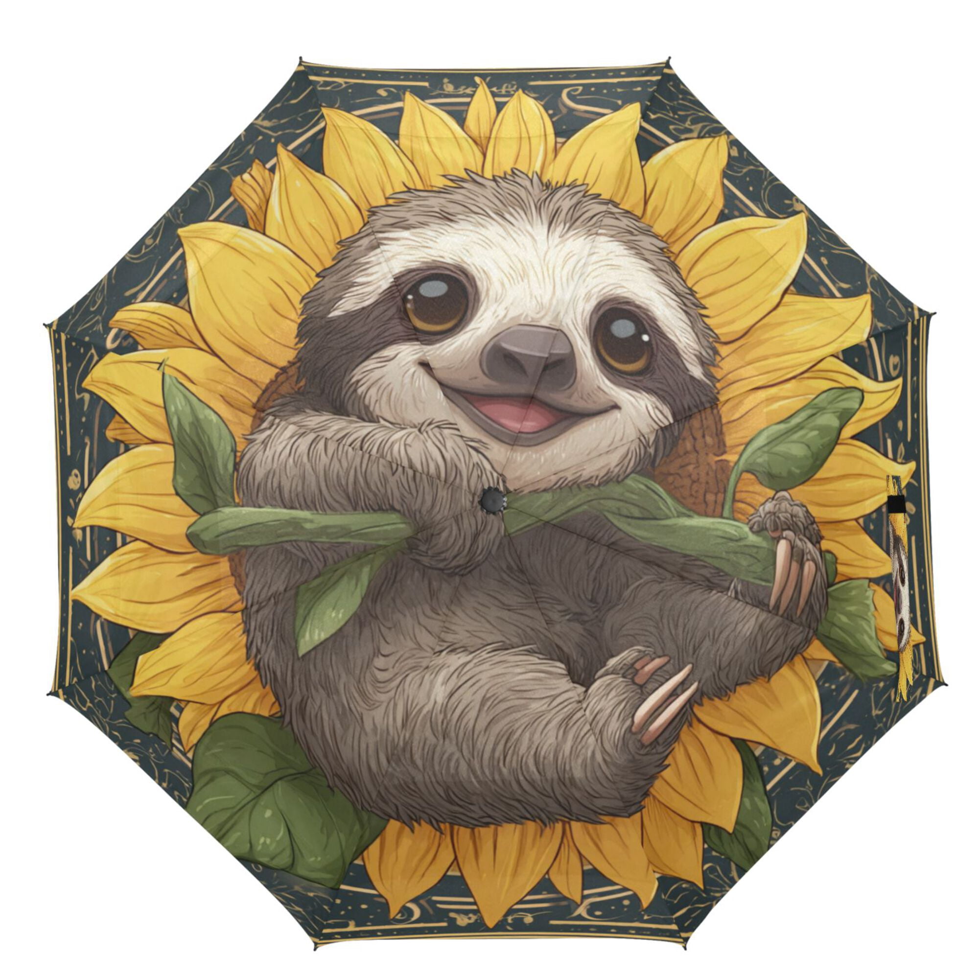 21" Inch Auto Open Close Folding Umbrella Windproof Waterproof Full Print 8-Rib Compact Travel Umbrella for Rainy Days Smiling Happy Baby Sloth
