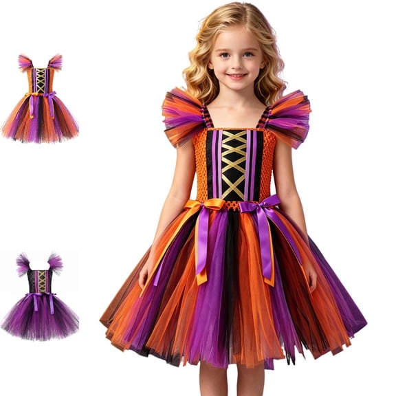 UJNDER Girls Witch Halloween Dress Outfit Tutu Cosplay Party Fancy Apparel for Kids Performance and Trick Baby Halloween Outfit,Orange,4-5 Years
