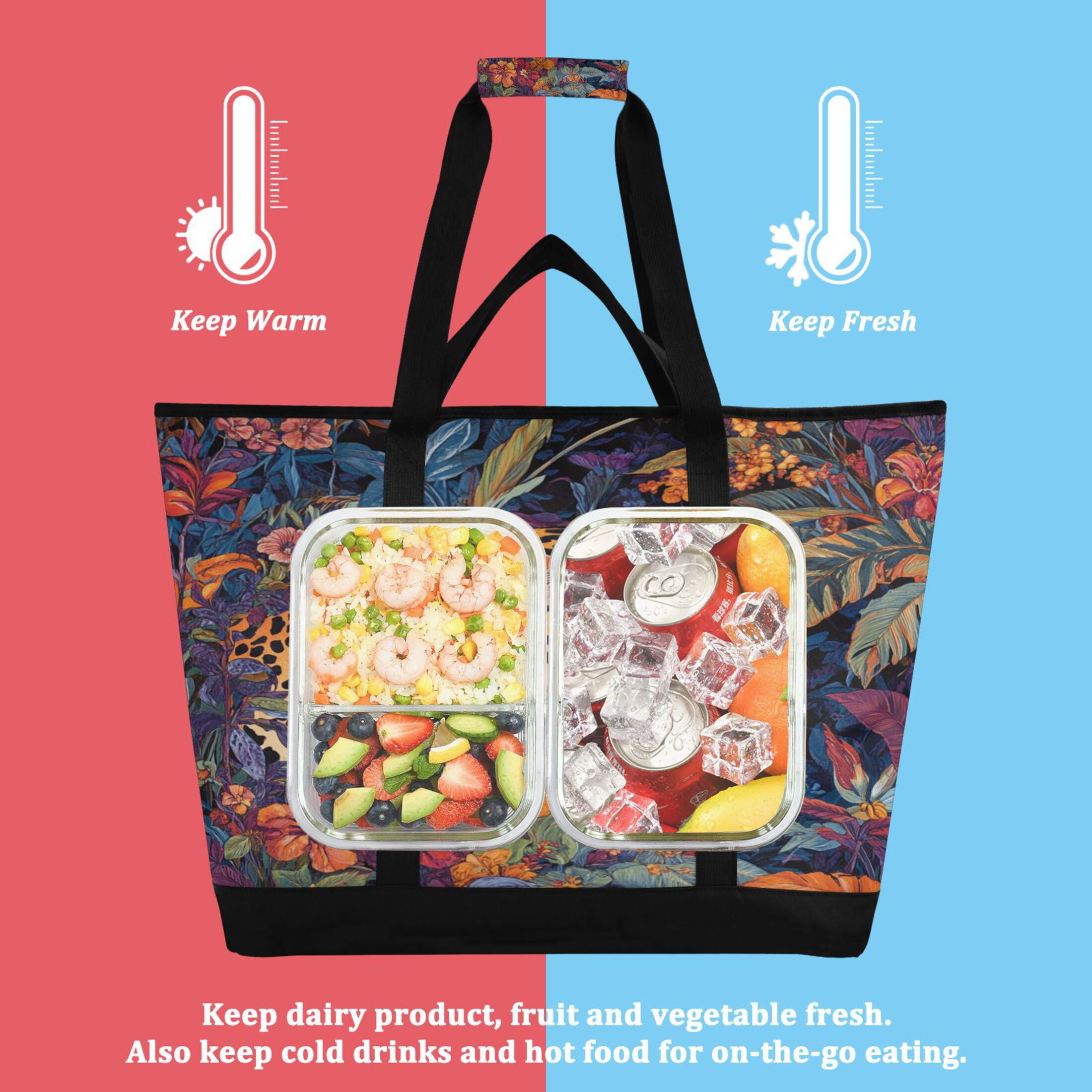 Large Hand-held Ice Pack Picnic Bag Insulation and Refrigeration Suitable for Shopping Picnics and Camping Colorful Flowers and Jaguars