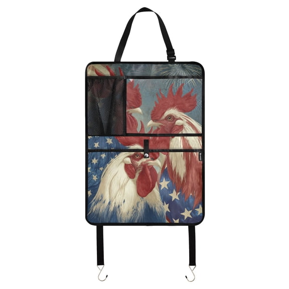 Patriotic roosters American pride fireworks 22 Pack Kick Mat Back Seat Protector With Storage Pockets, Universal Car Seat Back Organizer For Pets, Waterproof Backseat Protector For Most Car