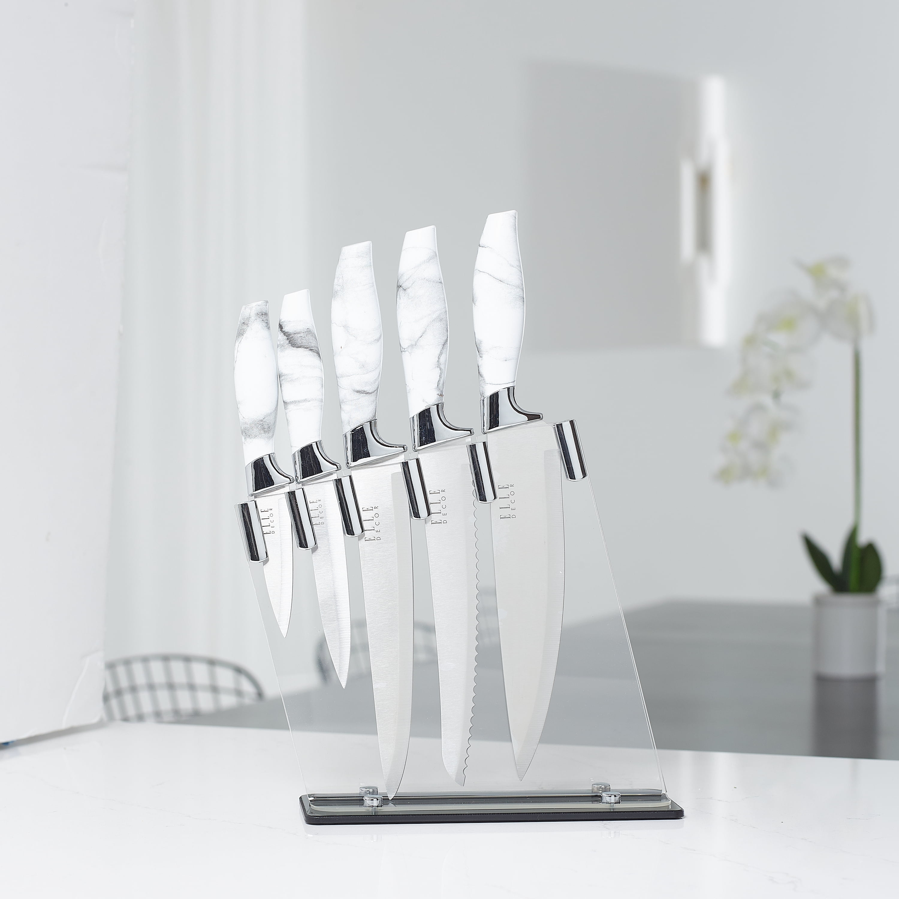 Elle Decor 5-Piece Professional Kitchen Knife Set Marble Handles & Chrome Finish Includes Clear Block Chef Bread Carving Utility & Paring Knives