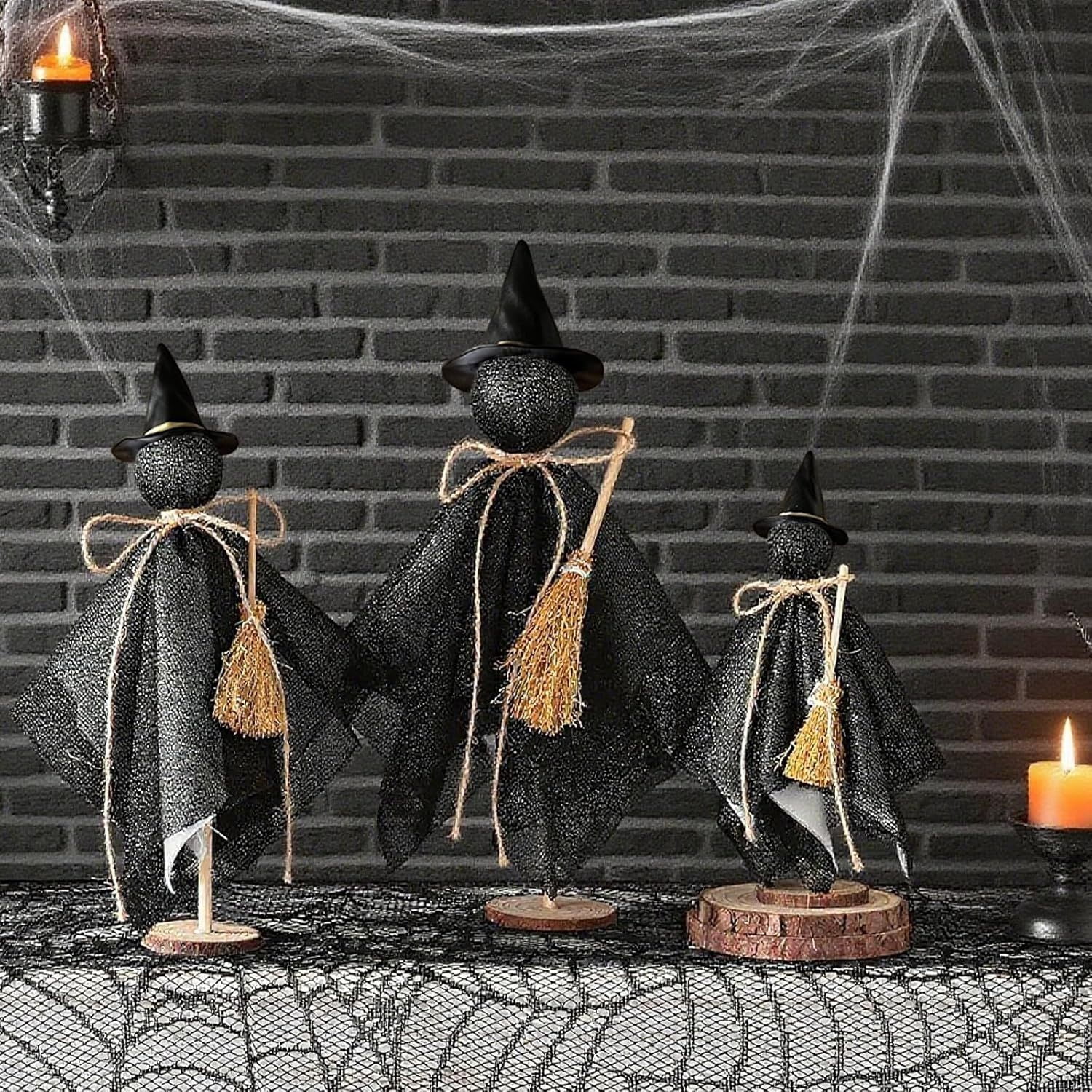 Primitive Halloween Ghost Set with Wizard Hats on Wooden Stands for Rustic Home Decor